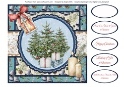 Shabby Chic Christmas 7/Christmas Trees 8 x 8 Card Front with Sentiments, Teal/Blue/Ivory