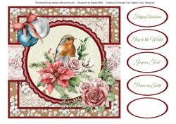 Shabby Chic Christmas 13/Robin & Poinsettias 8 x 8 Card Front wih Sentiments,  Fawn/Ivory/Pink
