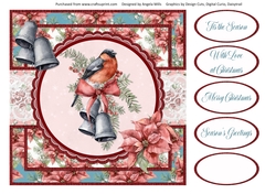 Shabby Chic Christmas 16/Bullfinch & Bells 8 x 8 Card Front wih Sentiments, Teal/Red/Pink