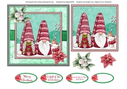 Christmas Gnomes 11 6 x 6 Card Front with Topper, Decoupage and Sentiments, Mint Green/Red