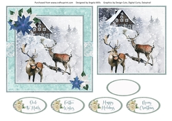 Christmas Scenes 27: Snowy Winter Cabin/Deer 6 x 6 Card Front with Topper and Sentiments