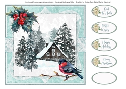 Christmas Scenes 23: Wintry Cabin 8 x 8 Card Front with Sentiment Toppers