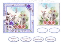 Spring Garden 14: Spring Lambs/Floral 6 x 6 Card Front with Toppers and Sentiments, Lilac