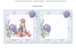 Spring Garden 6: Rabbits & Hydrangeas 5 x 5 Blank Card Insert, Blue/Lilac Floral Background