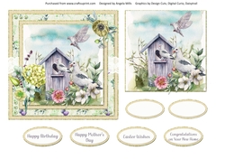 Spring Garden 11: Doves/Floral 6 x 6 Card Front with Topper and Sentiments, Yellow/Blue