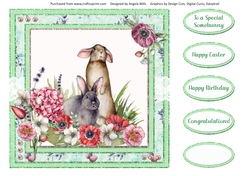 Spring Garden 7: Rabbits/Floral 8 x 8 Card Front with Sentiments, Mint Green/Pink