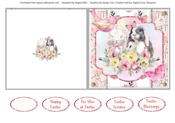 Easter Wishes 9: Floral Bunnies 5 x 5 Cut & Fold Card with Sentiments, Peach/Pink/Yellow