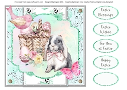 Easter Wishes 7: Bunny & Egg Basket 8 x 8 Quick Card Front with Sentiments, Mint Green/Pink