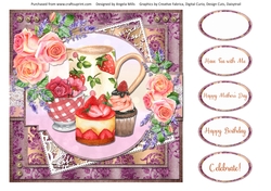 Shabby Lace Florals 10: Strawberry Tea 8 x 8 Quick Card Front with Sentiments