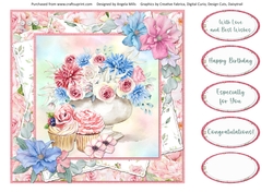 Pretty Pink 13: Rose Bowl, Cupcakes & Clematis 8 x 8 Quick Card Front with Sentiments