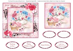 Pretty Pink 11: Rose Bowl & Cupcakes 6 x 6 Card Front with Sentiments