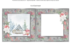 Winter Garden 11: Red Mailbox/Cottage 6 x 6 Card Insert with Grey/Red/Green Poinsettias & Bullfinches Background, Blank