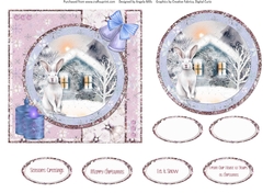 Snowy Village 11: Snowy Cottage & Arctic Hare 6 x 6 Card Front with Topper and Sentiments