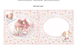 Sweet Valentines 15: Ice Cream Sundaes/Plushie 5 x 5 Card Insert with Pink Hearts & Cupcakes Background