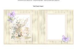 Summer Tea 6: Teacups & Butterflies 5 x 5 Card Insert with Gold/White Striped Background