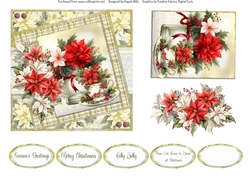 Christmas Greetings 44: Poinsettias Mason Jar & Teacup 6 x 6 Card Front with Topper, Decoupage & Sentiments