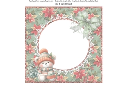 2024 Christmas Scenes 7:  Teddy Bear & Bow 8 x 8 Card Insert with Green/Red Poinsettias Background
