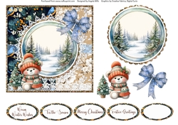 2024 Christmas Scenes 14: Teddy & Bow 6 x 6 Card Front with Topper, Decoupage Elements & Sentiments