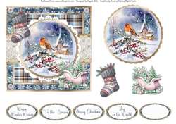 Christmas Robins & Cardinals 5: Robin/Church Scene 6 x 6 Card Front with Topper, Decoupage & Sentiments