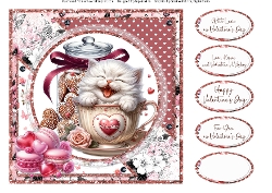 Teacup Valentines Kittens 16: 8 x 8 Quick Card Front with Sentiments