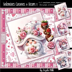 Valentines Gnomes & Bears 1: White Gnome/Pink Roses 7 x 7 Card Mini-Kit, 6 A4 Sheets