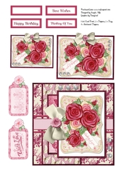 A4 Rose with Bow 6 x 6 Card Front and Toppers Sheet Red/Pink/Cream