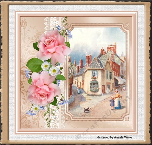town scene and roses 7x7