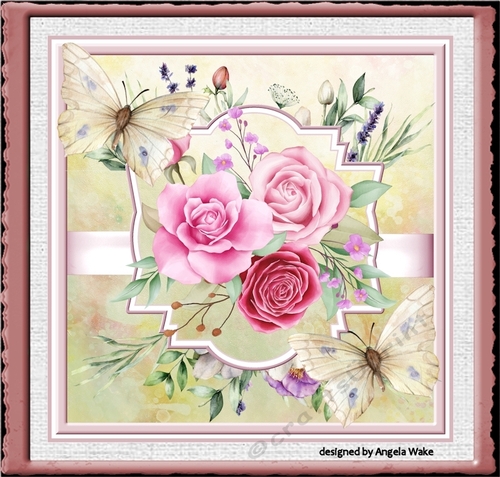 Pink roses and butterfly 7x7 card