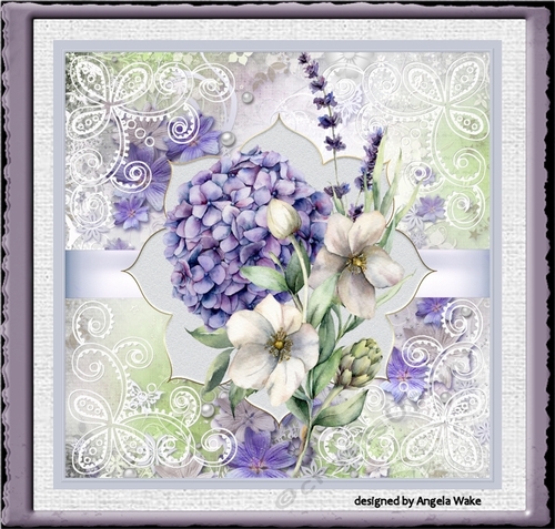 Purple flowers, pearsl and lace 7x7 card