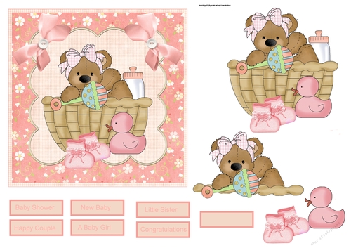 Bear girl baby shower 6x6 card