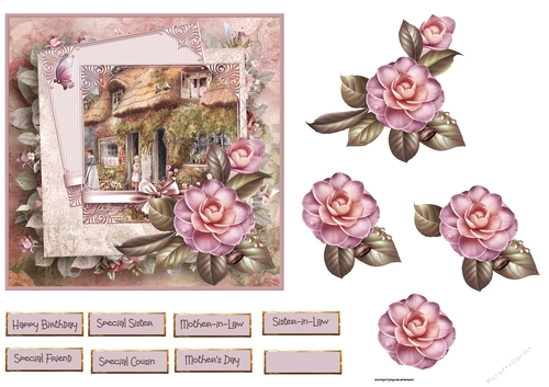 Cottage and camelia 6x6 card