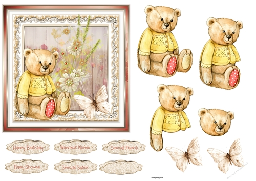 Teddy bear and flowers 6x6 card