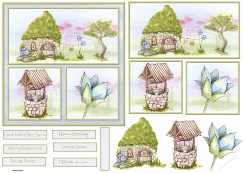 Happy small house 6x6 card with sentiment tiles, toppers and decoupage