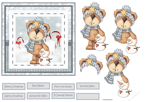Teddy bear and his snowman friend 6x6 card
