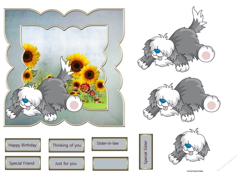 Shaggy dog and sunflowers shaped 6x6 card