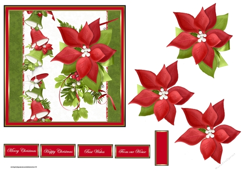 Red poinsettias and bells 6x6 card