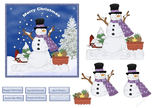 Snowman and his basket of fir cones 6x6 card