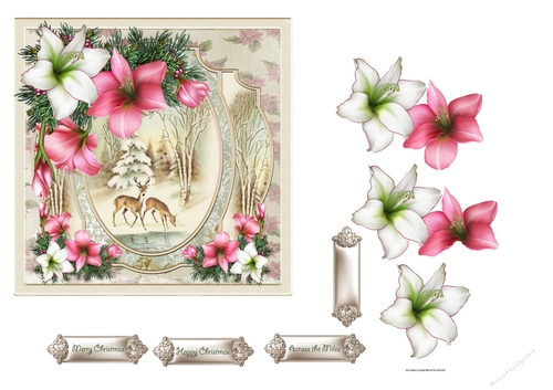 Festive flowers and reindeer 6x6 card