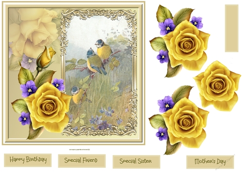 Yellow rose and birds 7x7