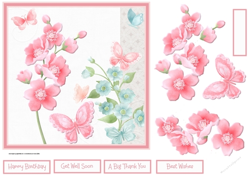 Pink flowers and butterfly 7x7