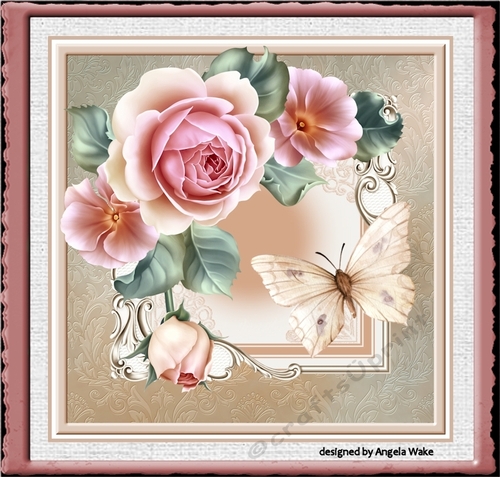 Pink rose and butterfly 7x7