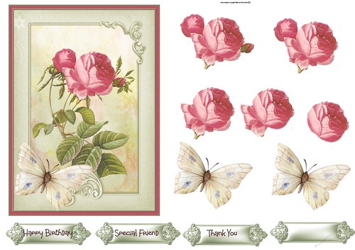 Vintage red rose and butterfly 5x7