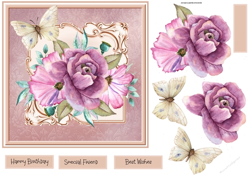 Mauve rose and butterfly 7x7