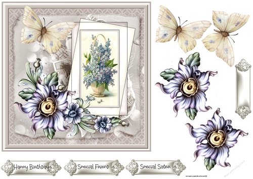 Vintage purple flowers and butterfly 7x7