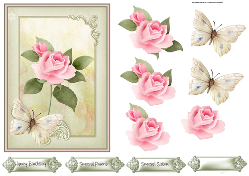Pink rose and butterfly 5x7 