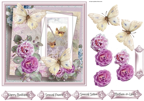 Pink flowers, butterfly and birds 7x7