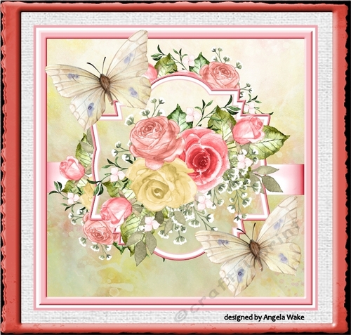 Pink and lemon rose and butterfly 7x7