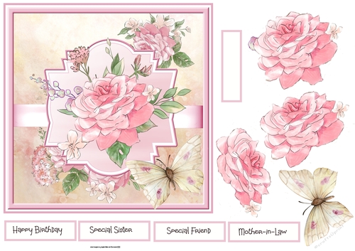 Butterfly and pink rose 7x7 card