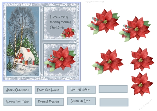 Christmas house and poinsettia 6x6