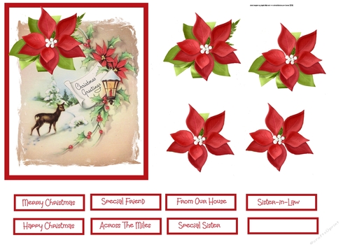 Deer, poinsettia and holly 5x6